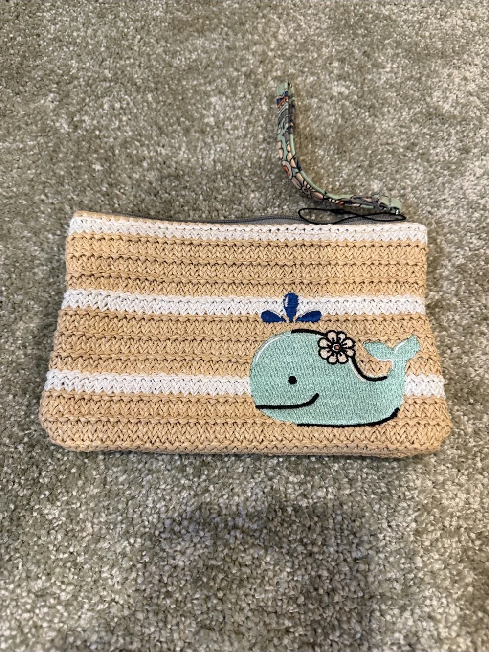 Vera Bradley Straw Stripe Clutch with Mint Whale Applique